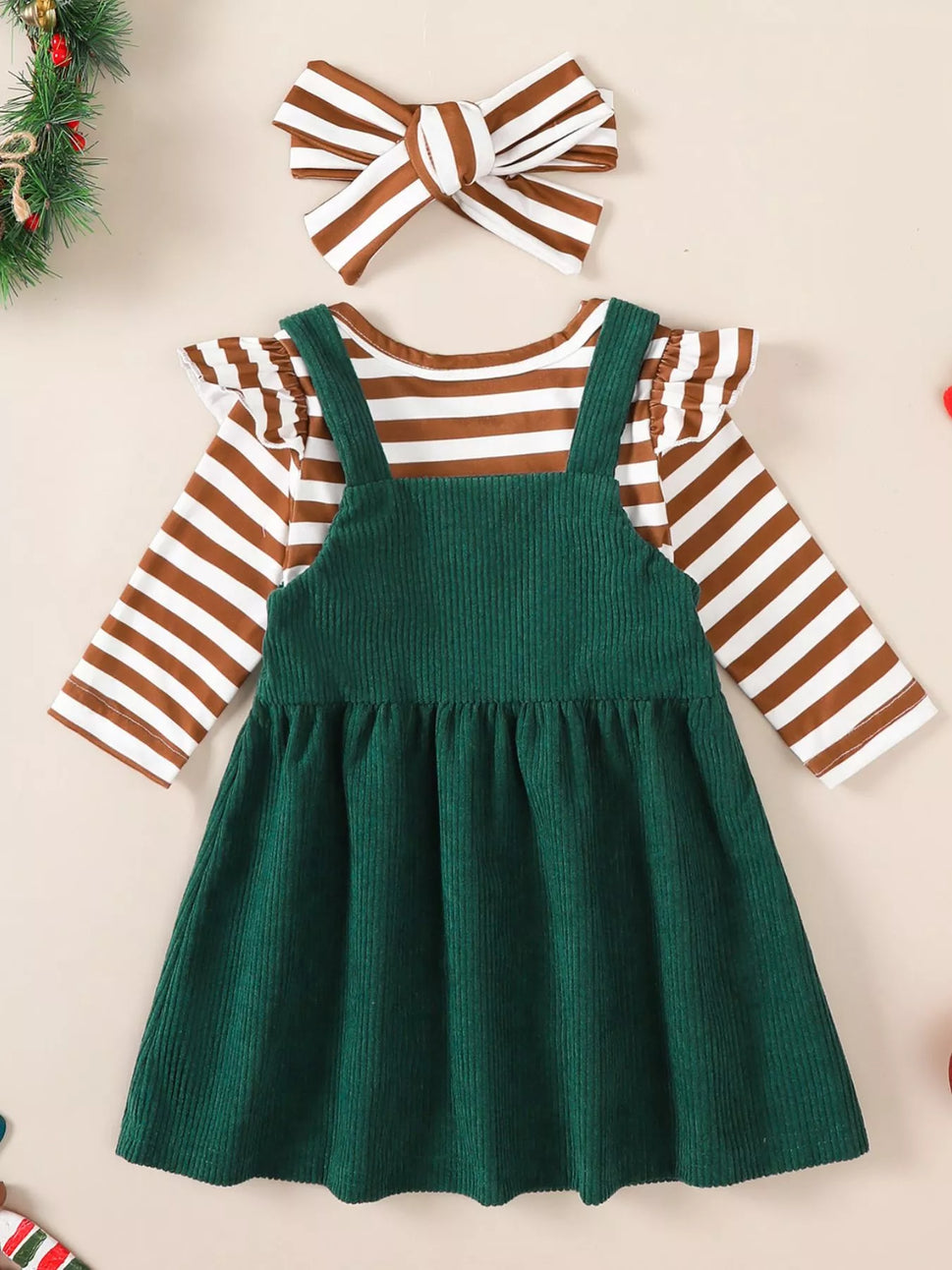 Children's Christmas Bodysuit and Overall Dress Set with Headband