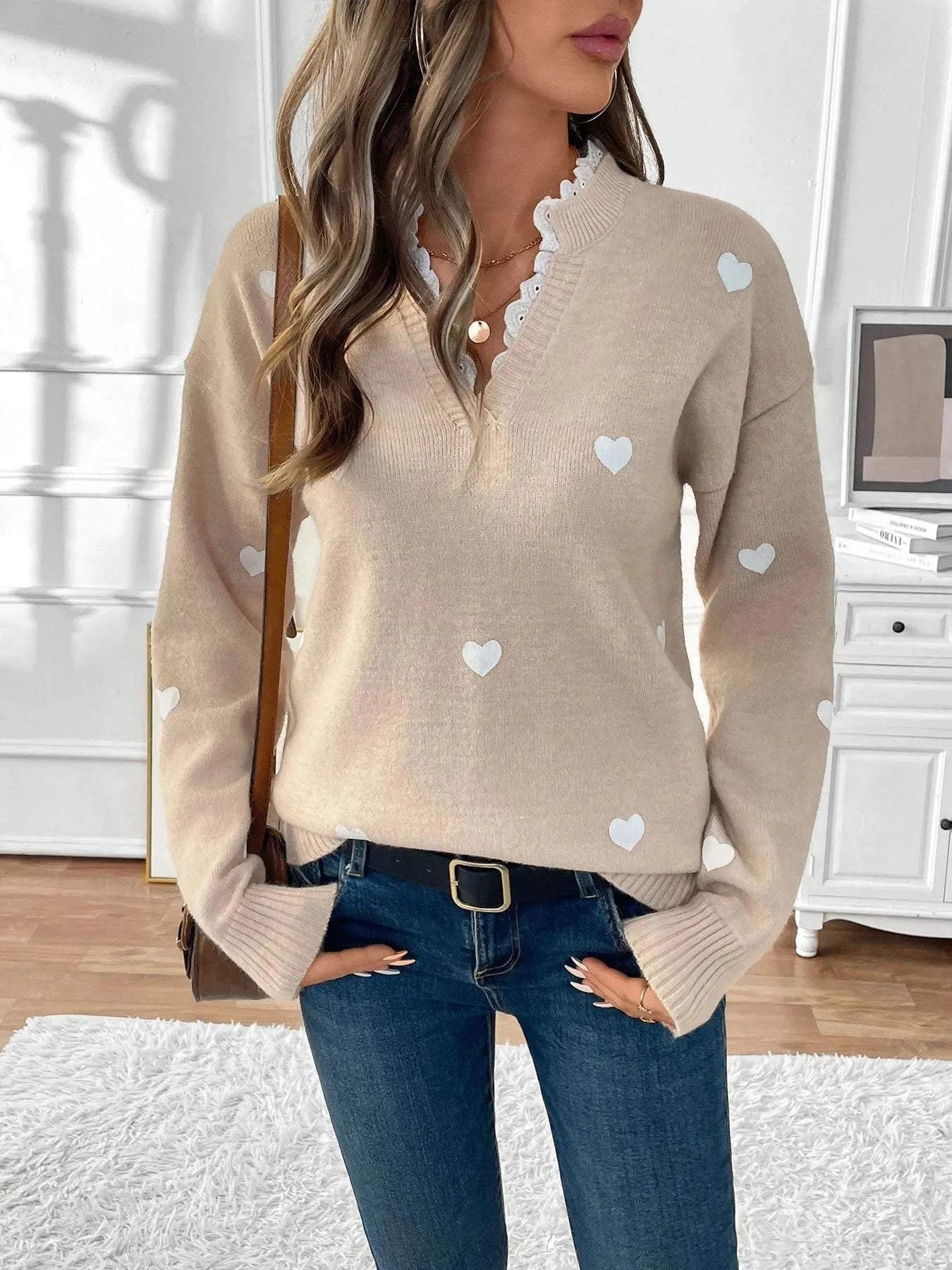 Heart V-Neck Long Sleeve Sweater