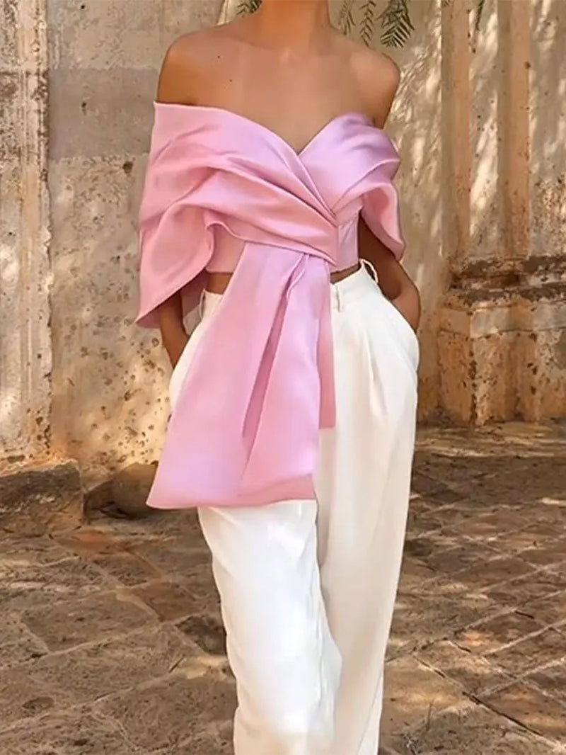 Summer Satin Bow Pleated Off-Shoulder Crop Top