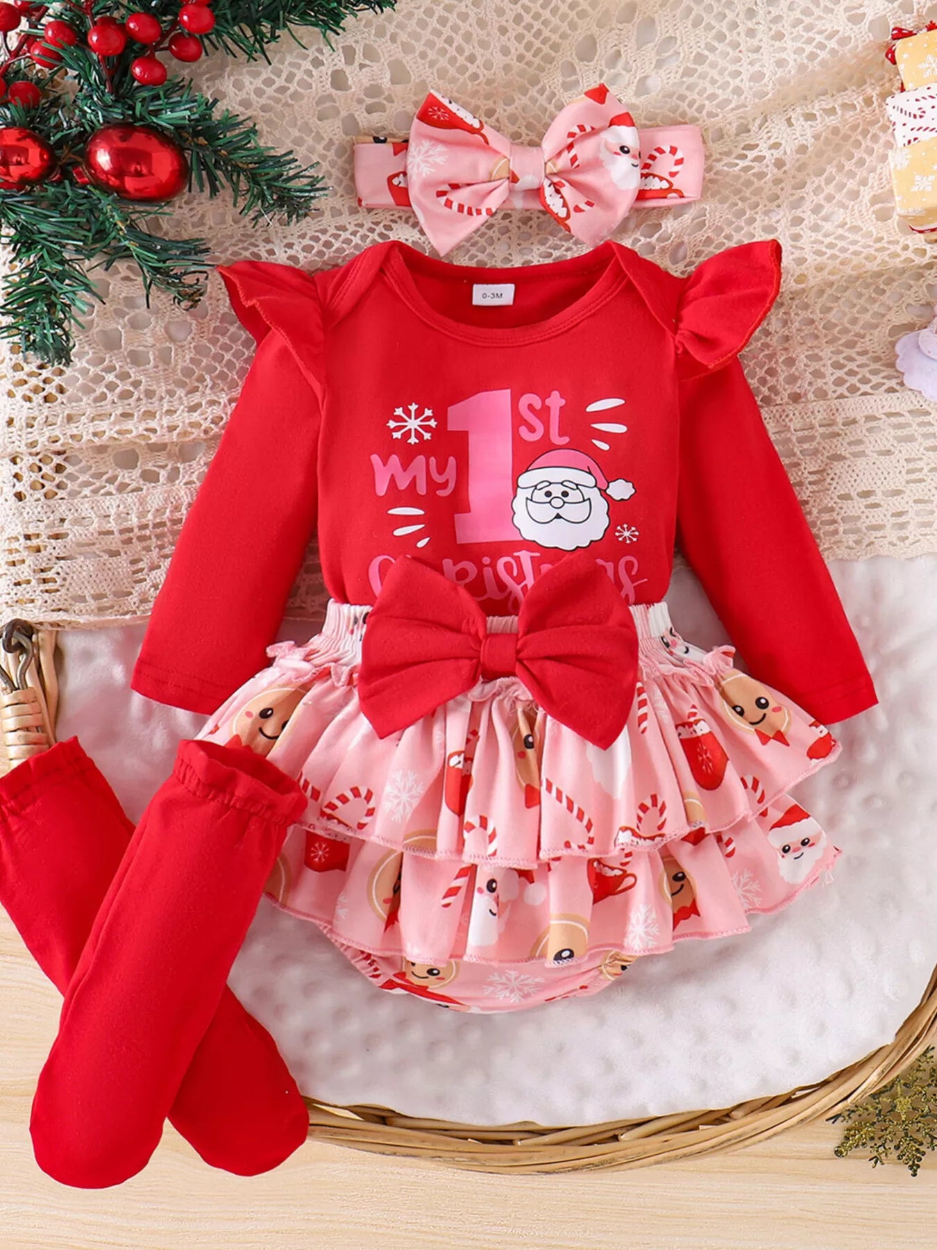 Children's Christmas Ruffled Long Sleeve Top and Skirt Set with Headband