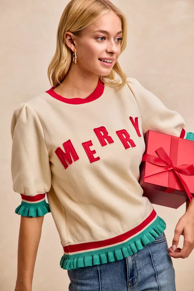 BiBi Christmas Merry Letter Patches Contrast Banded Top