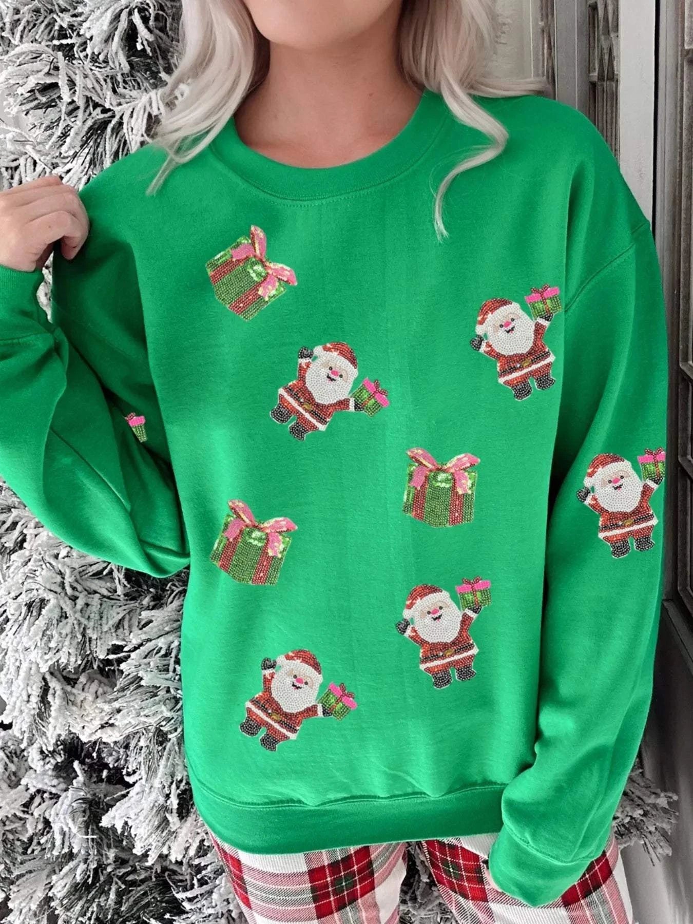 Santa Delivering Gifts Christmas Sequin Graphic Sweatshirt