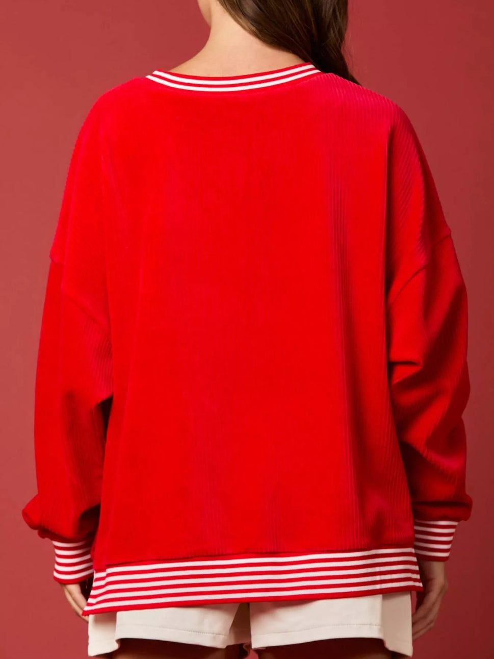 Christmas Sequin Candy Cane and Santa Sweatshirt with Striped Hem