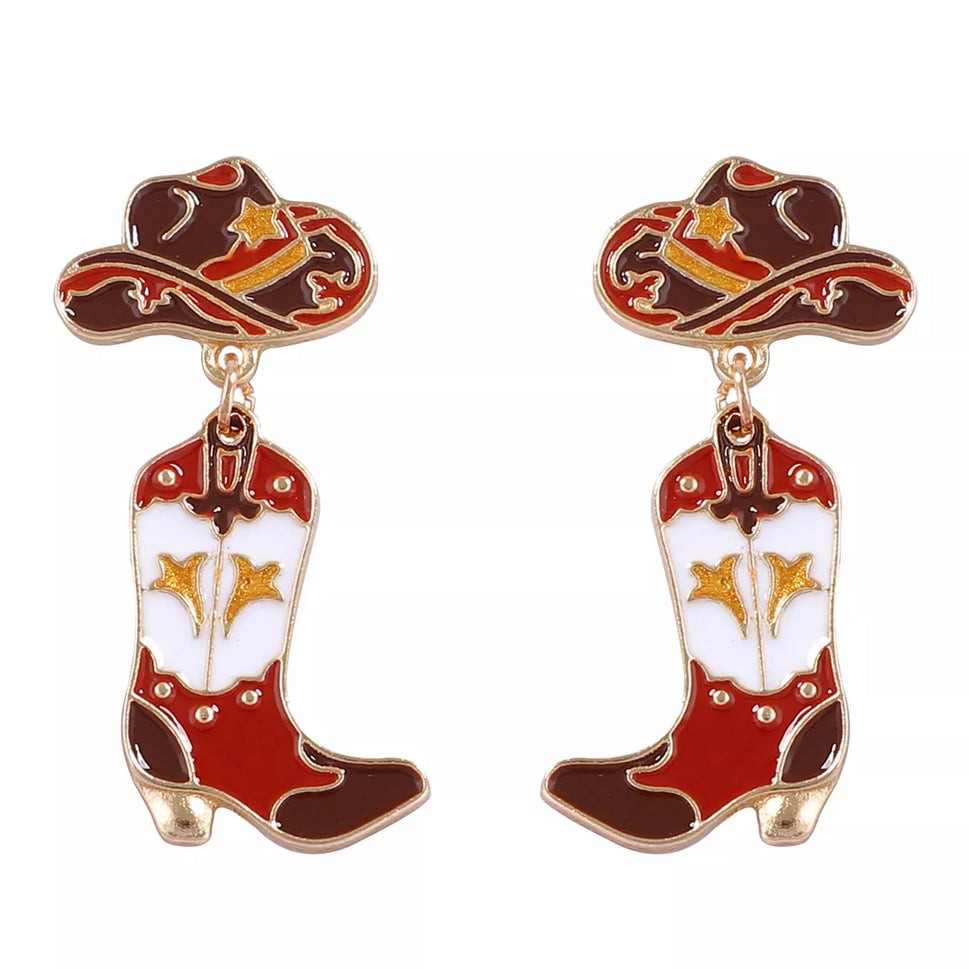 18K Gold-Plated Cowboy Hat Boots Dangle Earrings