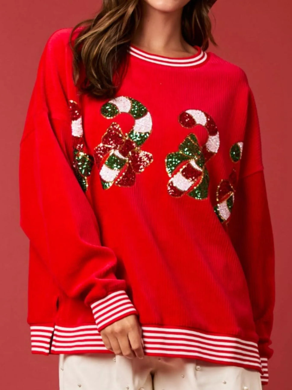 Christmas Sequin Candy Cane and Santa Sweatshirt with Striped Hem