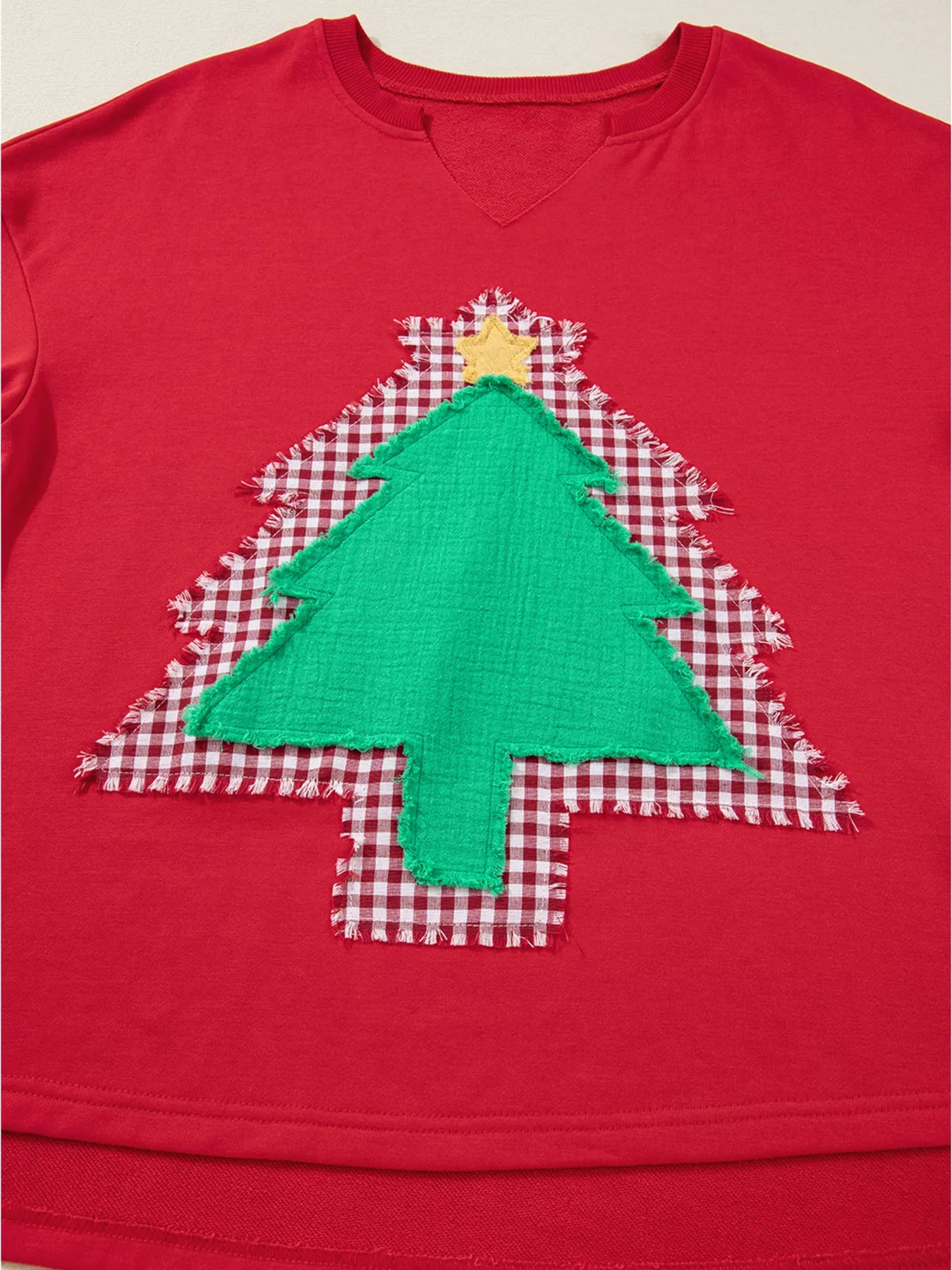 Plaid Frayed Double Christmas Tree Patched Drop Shoulder Sweatshirt