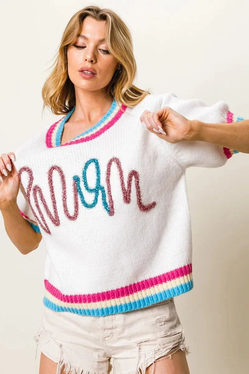BiBi Metallic Letter Short Puff Sleeve Sweater