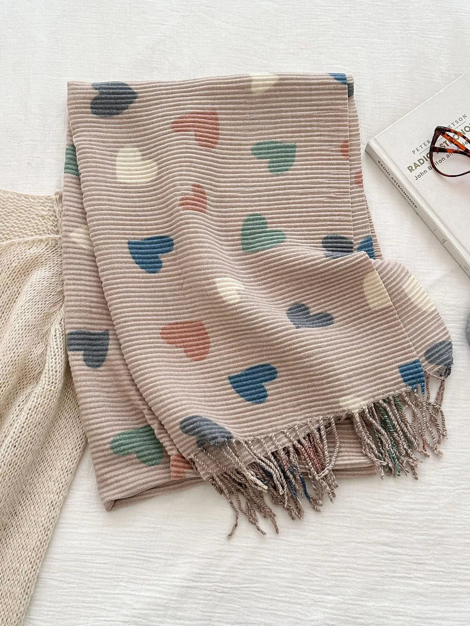 Heart Patterned Tassel Scarf