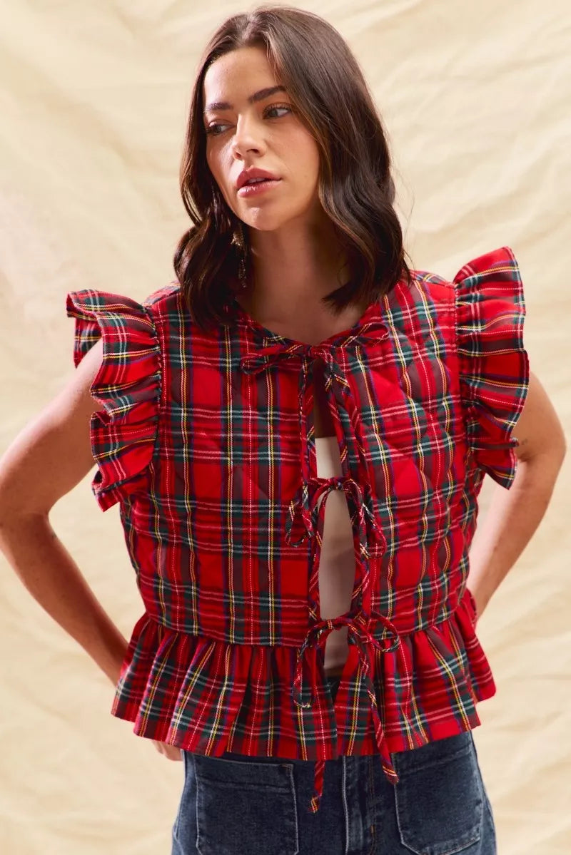 SO ME Christmas Holiday Plaid Ruffled Quilt Vest Top