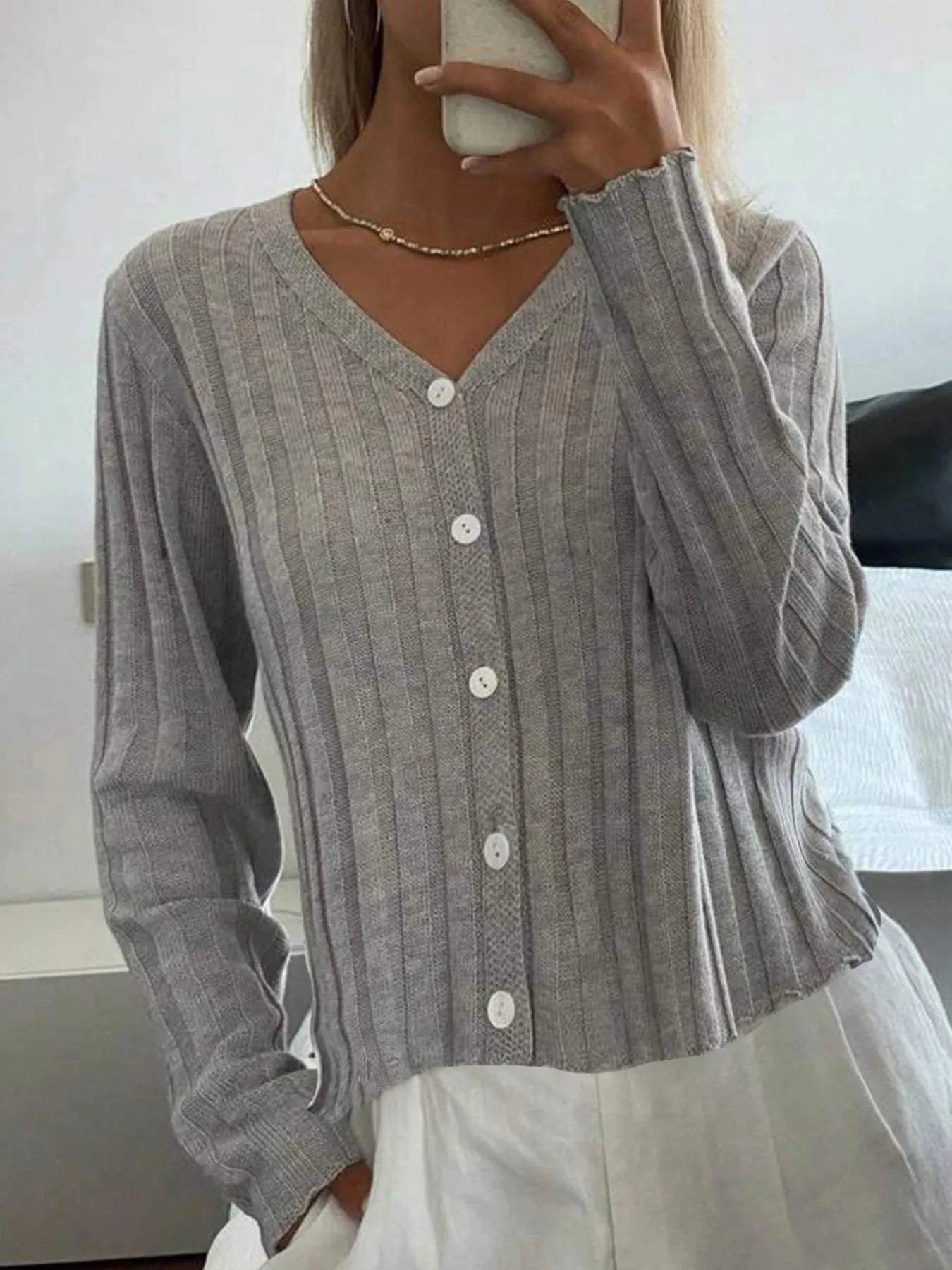 Ribbed Button-Up V-Neck Cardigan