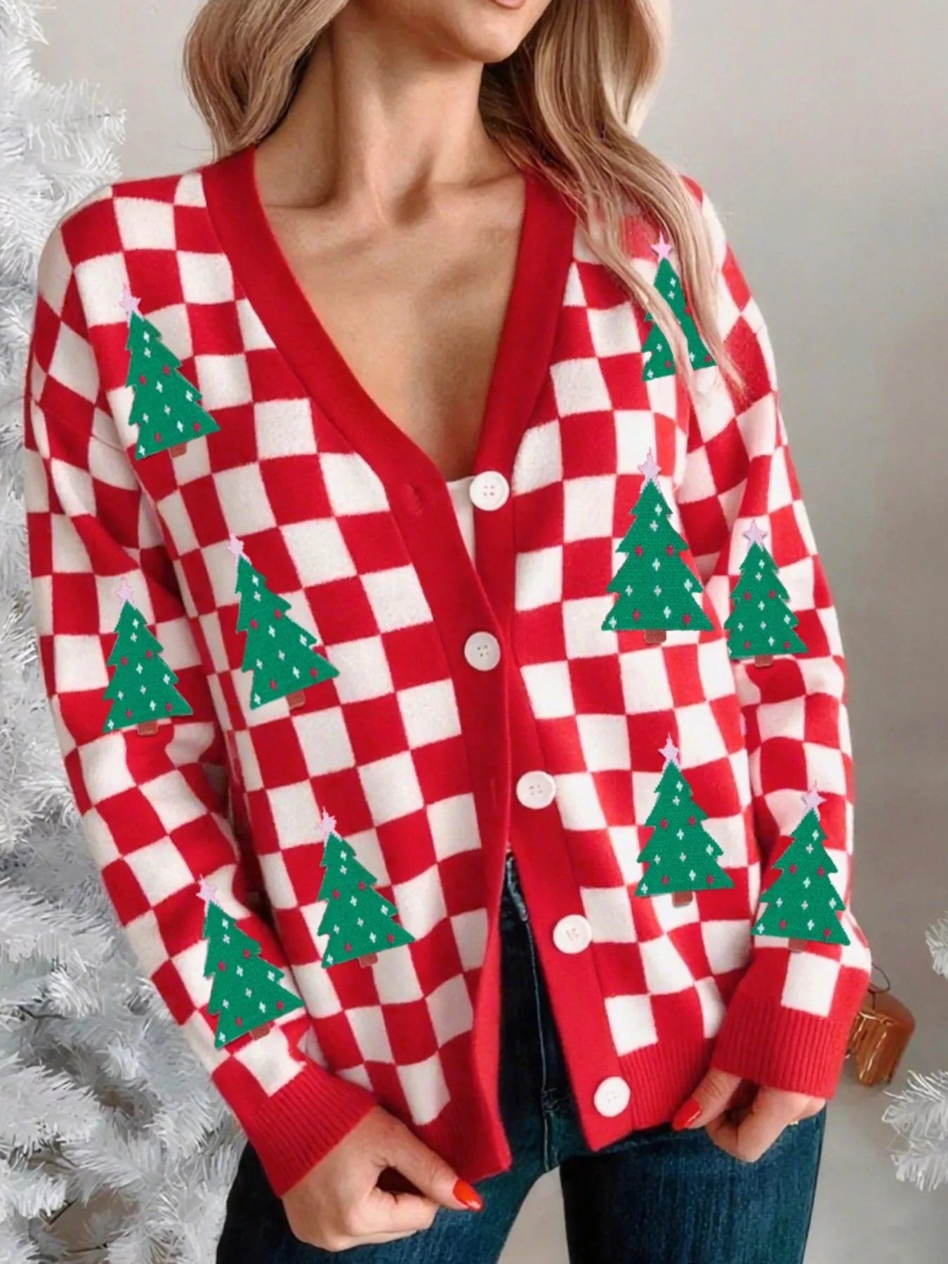 Christmas Tree Pattern Checkered Button V Neck Cardigan