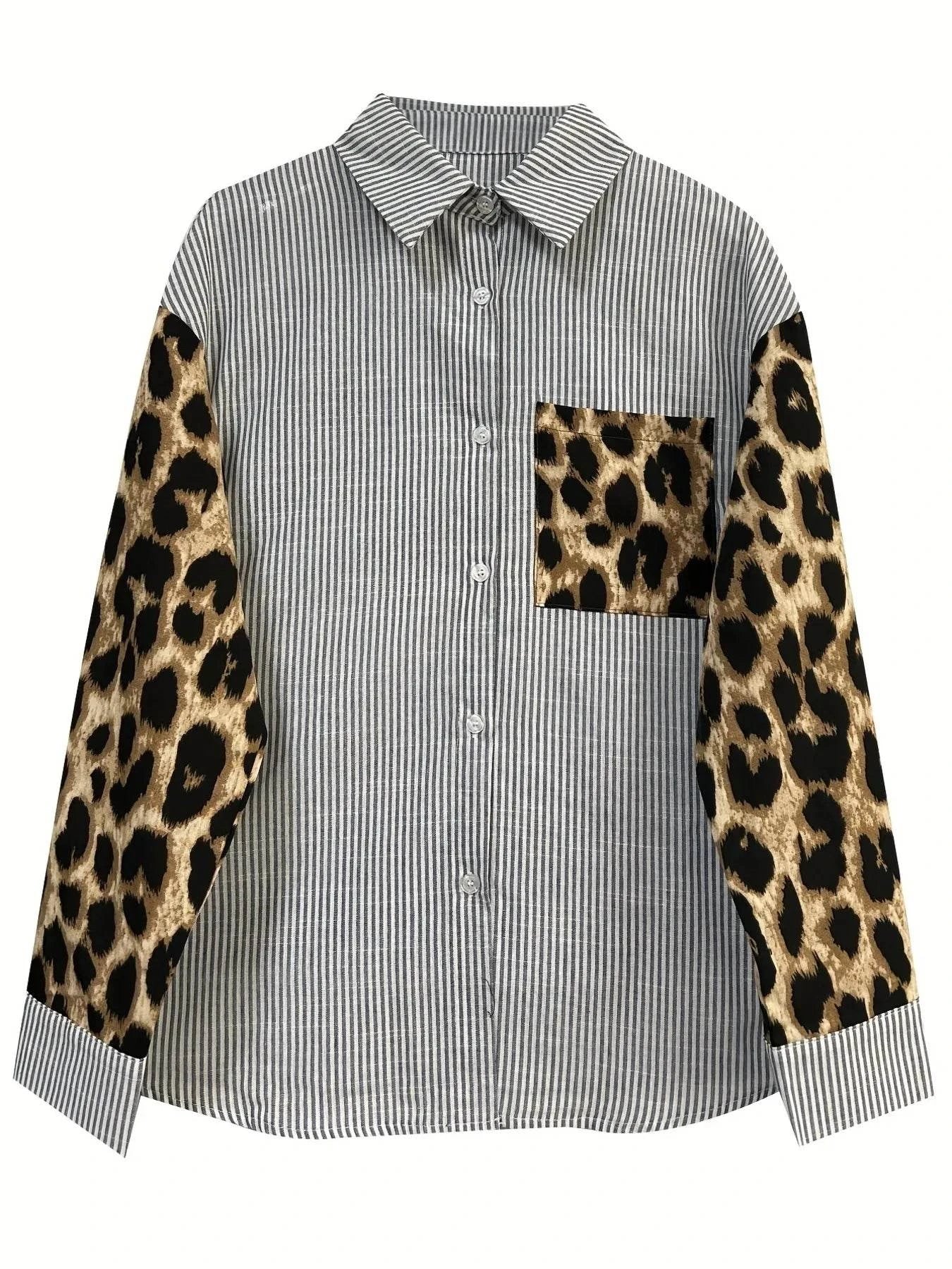 Leopard Print Sleeve Striped Button-Down Shirt