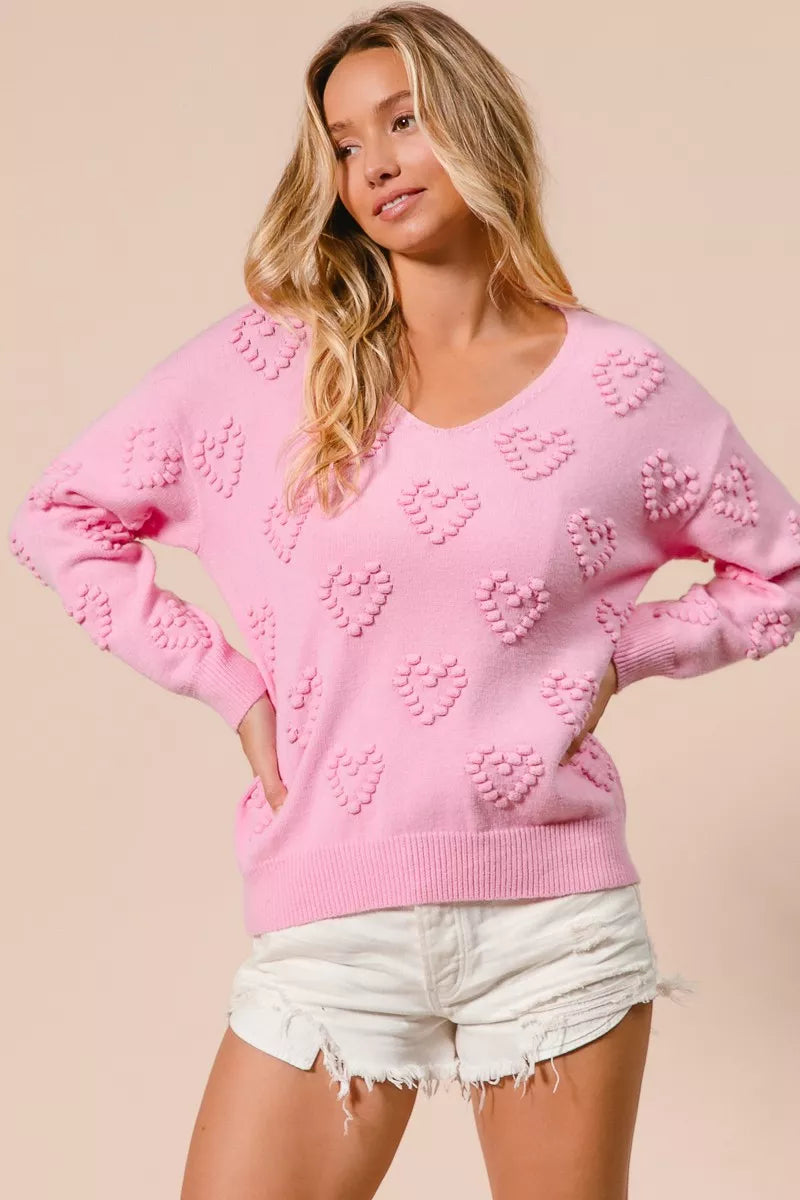 BiBi Valentines Heart Pompom V Neck Knit Top