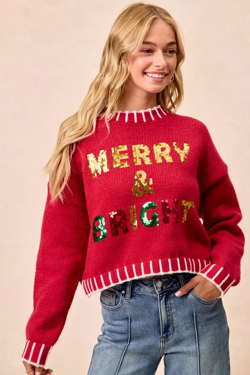 BiBi Christmas Theme Sequin Lattering Sweater