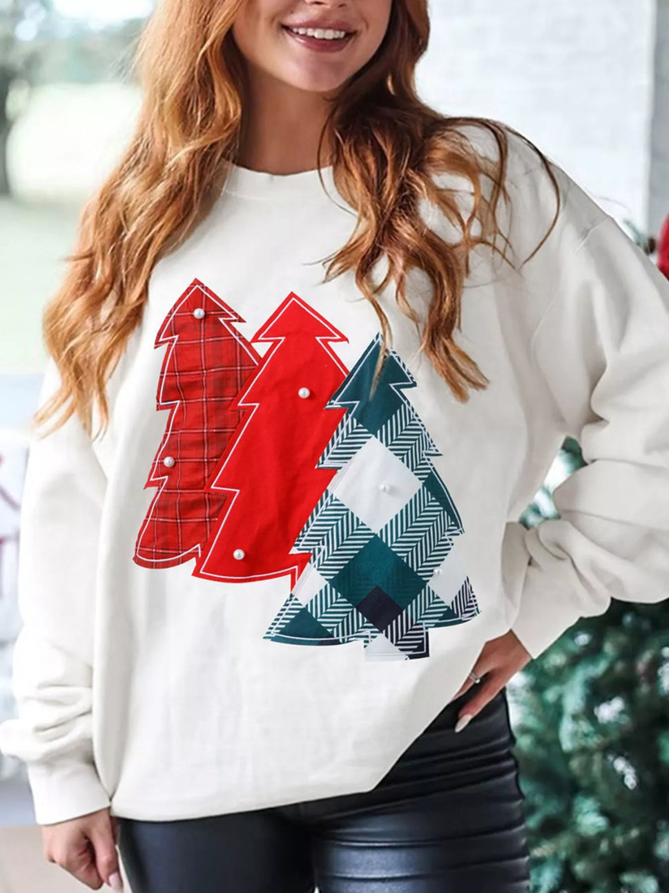Pearl Plaid Christmas Tree Patched Drop Shoulder Sweatshirt