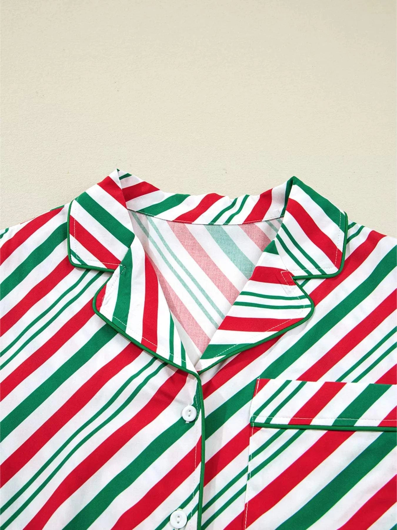 Stripe Contrast Velvet Ribbon Knot Christmas 2pcs Pajama Set