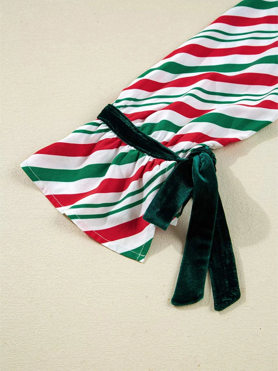 Stripe Contrast Velvet Ribbon Knot Christmas 2pcs Pajama Set