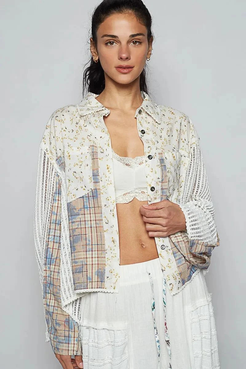POL Floral Slit Back Plaid Patchwork Shirt