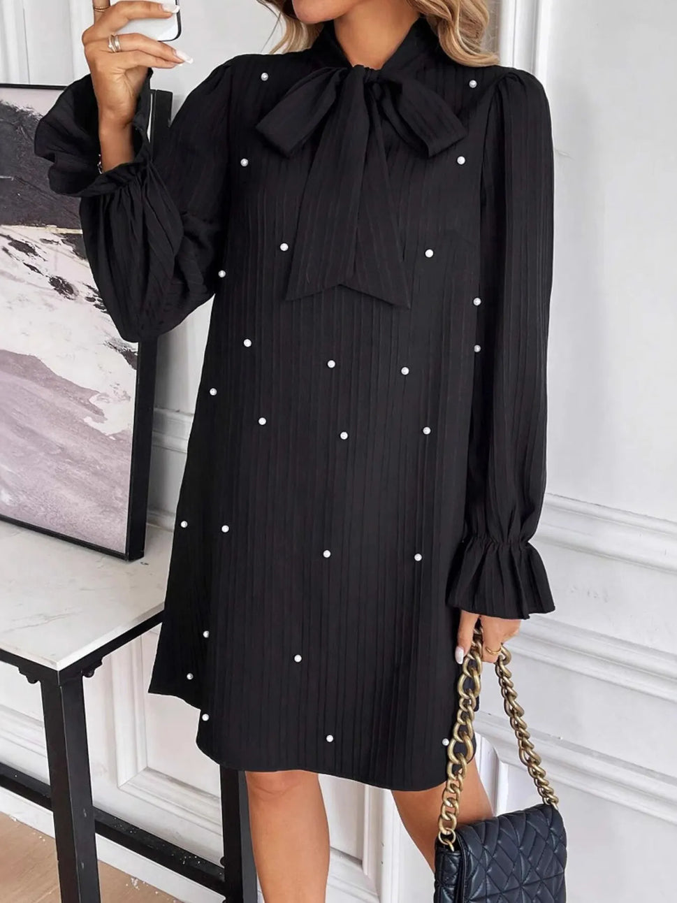 Pearl Embellished Bow Tie Flounce Sleeve Dress