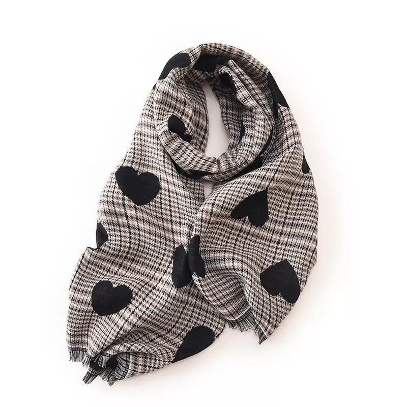 Heart Pattern Plaid Raw Hem Scarf