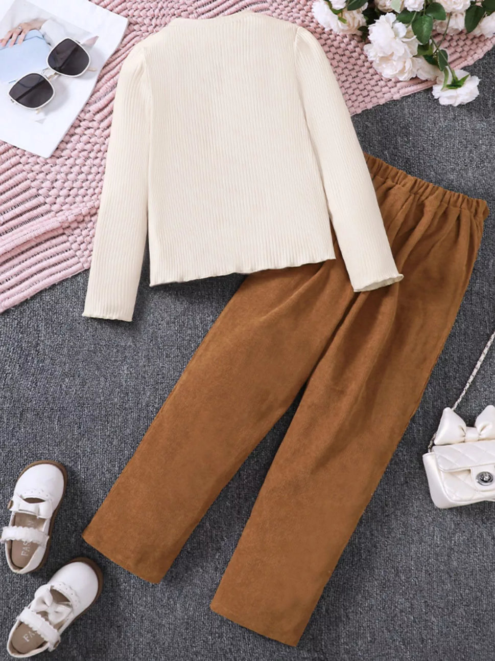 Children's Ruffle Trim Ribbed Top & Corduroy Pants Set