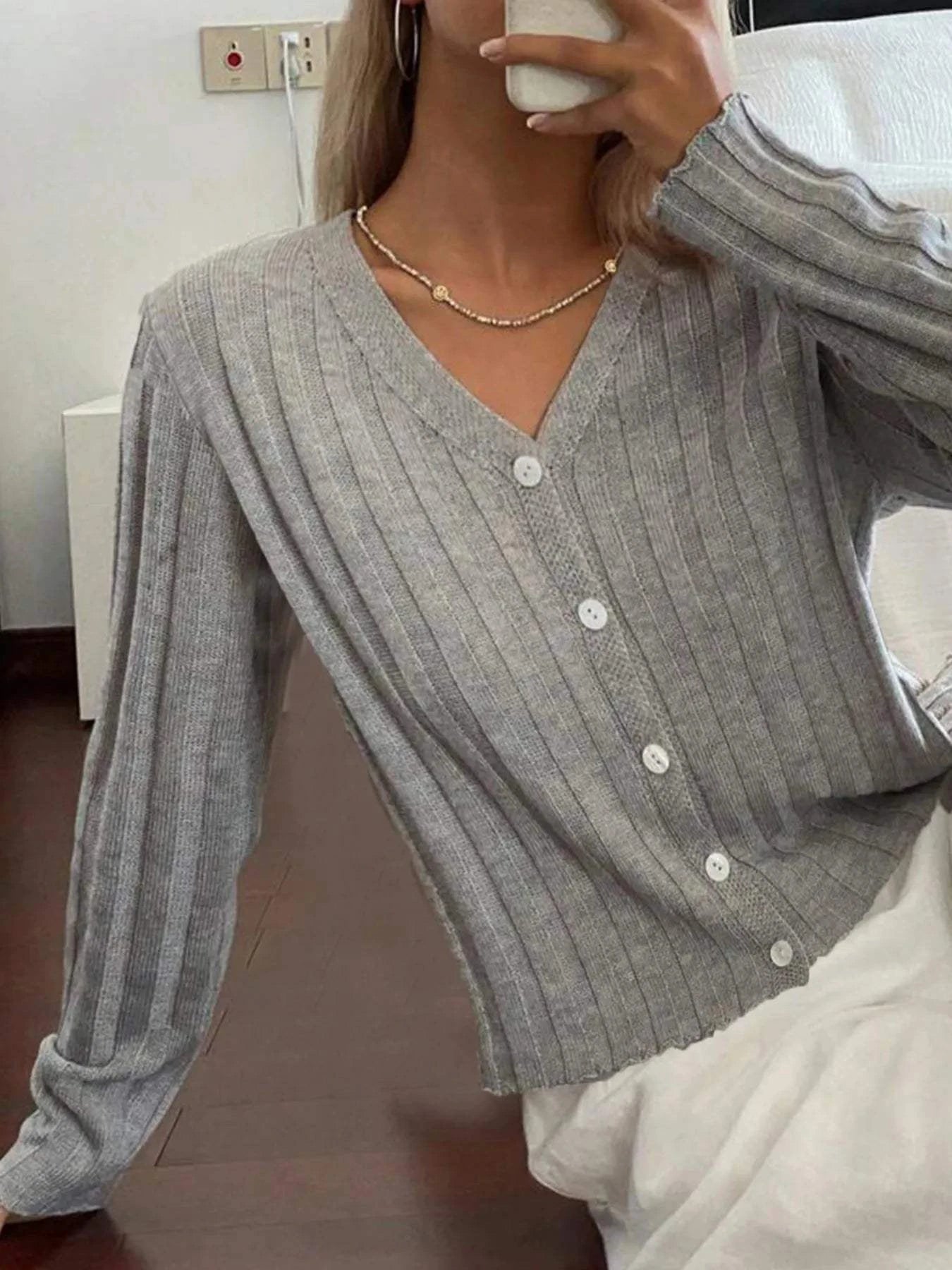 Ribbed Button-Up V-Neck Cardigan