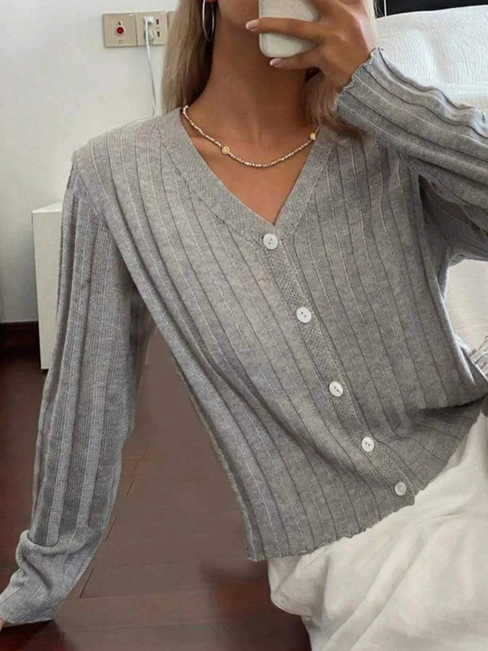 Ribbed Button-Up V-Neck Cardigan