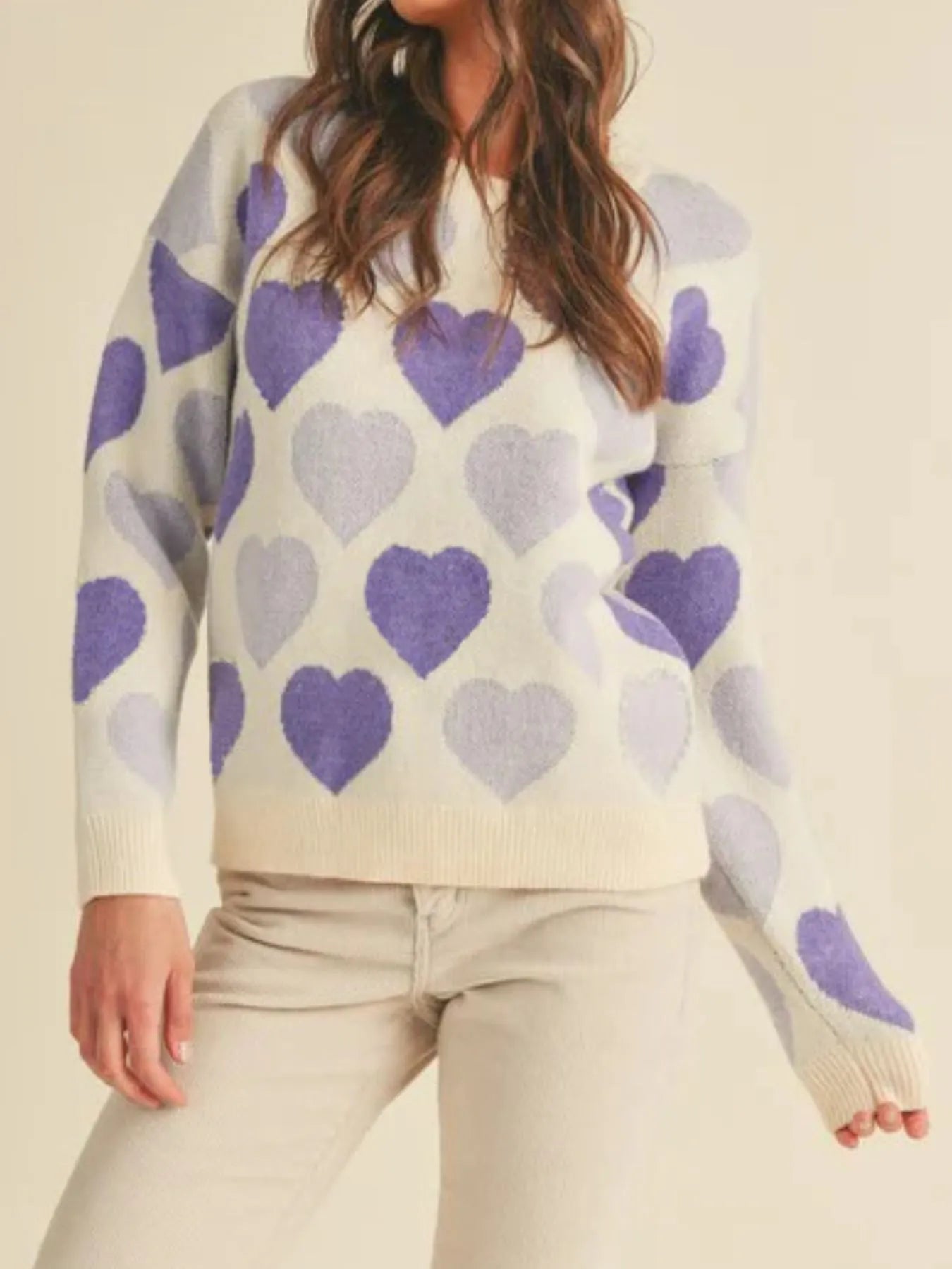 Heart Ribbed Hem Long Sleeve Sweater
