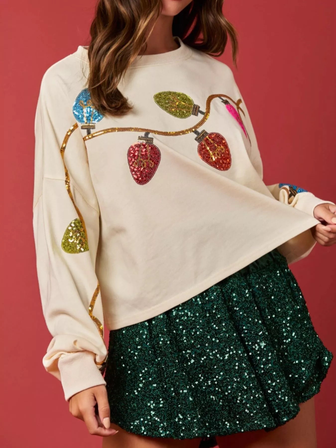 Christmas Holiday Lights Sequin Embellished Sweatshirt