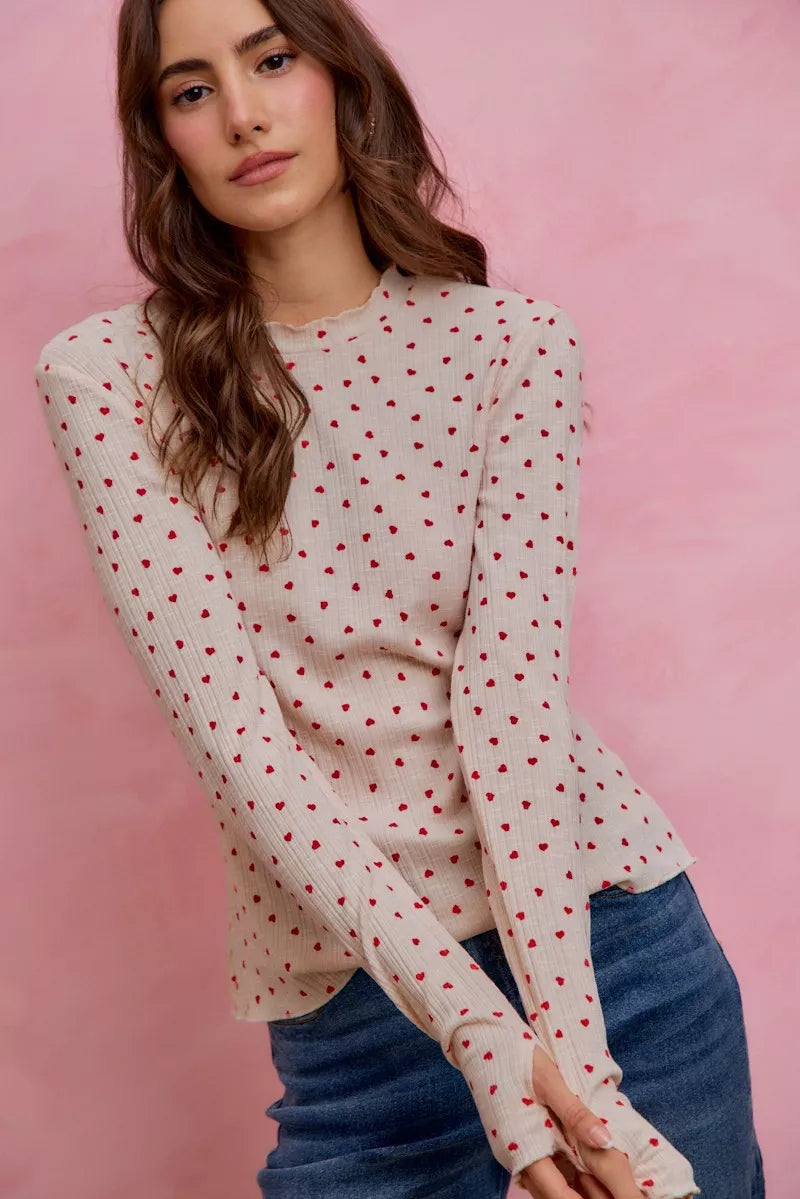 SO ME Ditsy Heart All Over Slub Rib Knit Valentine Top