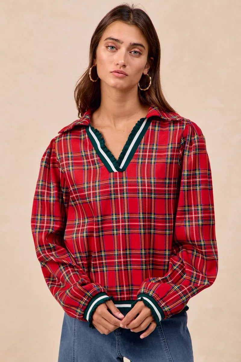 BiBi Christmas Plaid Collared Top with Ruffled Detail