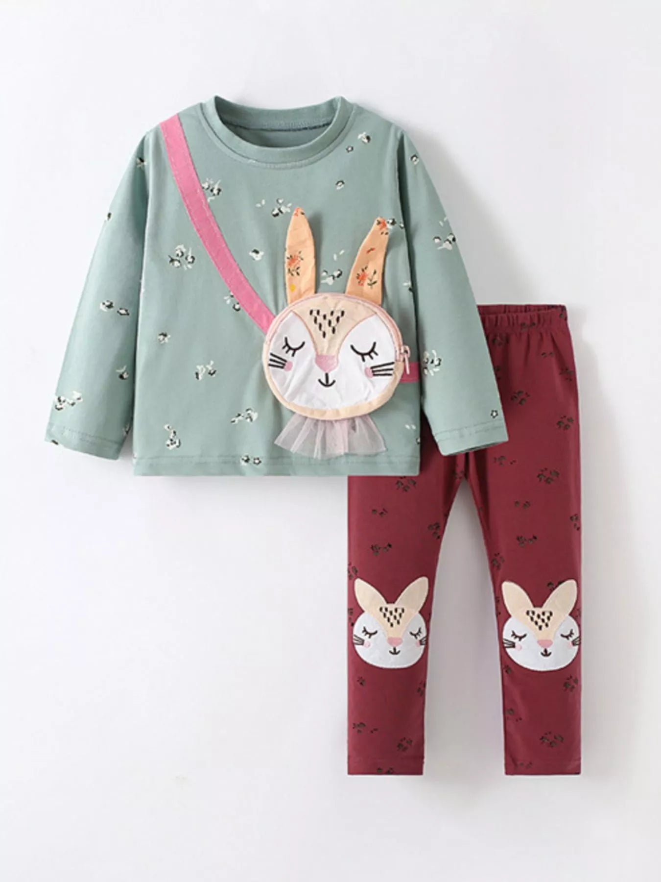 Children's Cute Bunny Applique Long Sleeve Top and Pants Set