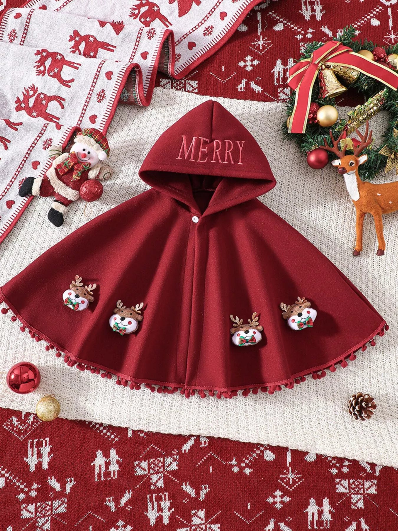 Children's Reindeer Embroidered Christmas Cape Outerwear
