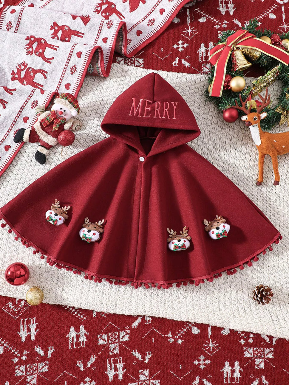 Children's Reindeer Embroidered Christmas Cape Outerwear