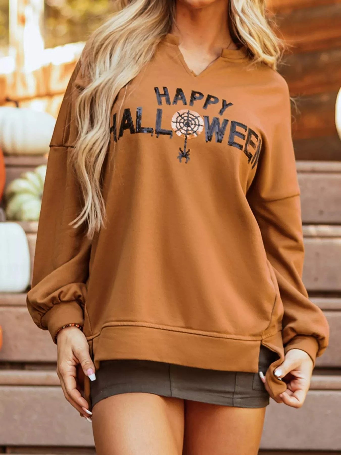 Happy Halloween Graphic Notched Long Sleeve Loose Top