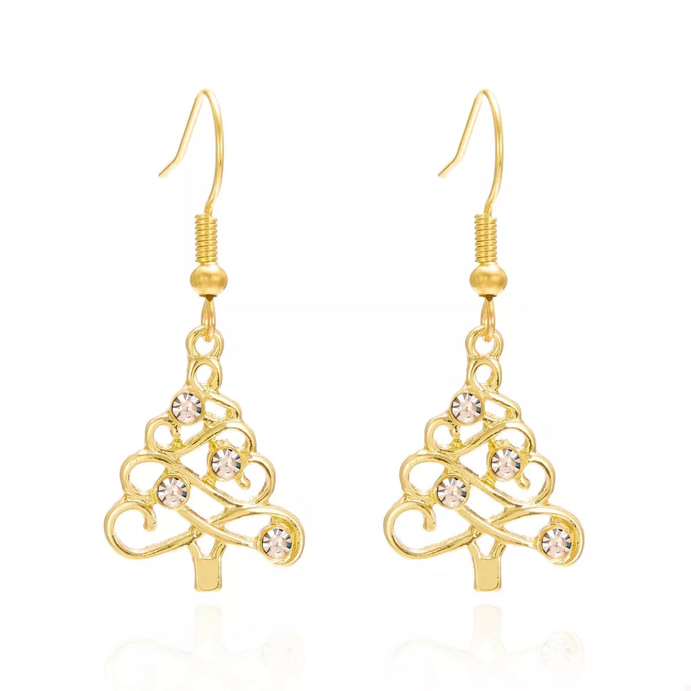 18K Gold-Plated Rhinestone Christmas Tree Dangle Earrings