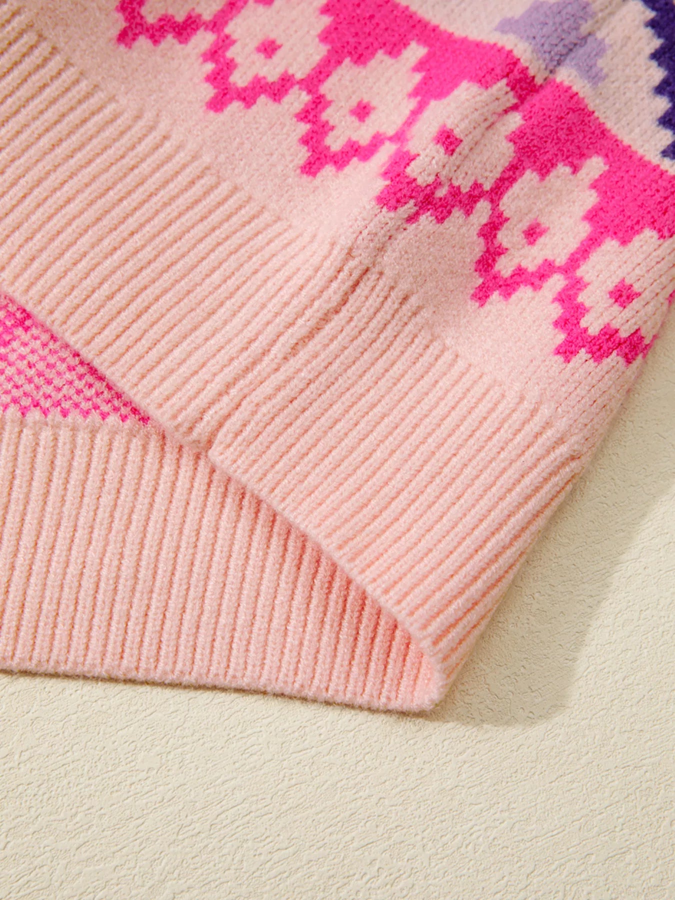 Multicolour Ethnic Christmas Pattern Knit Feather Cuffed Sweater