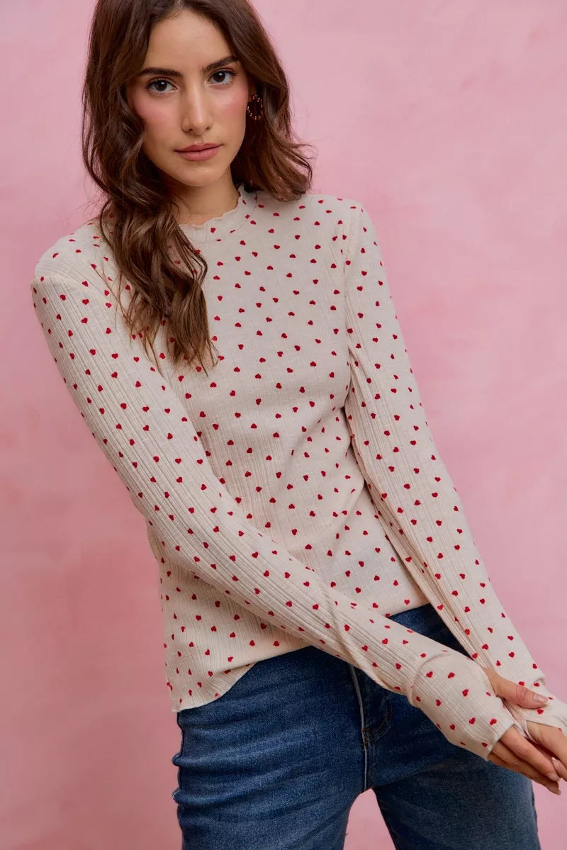 SO ME Ditsy Heart All Over Slub Rib Knit Valentine Top