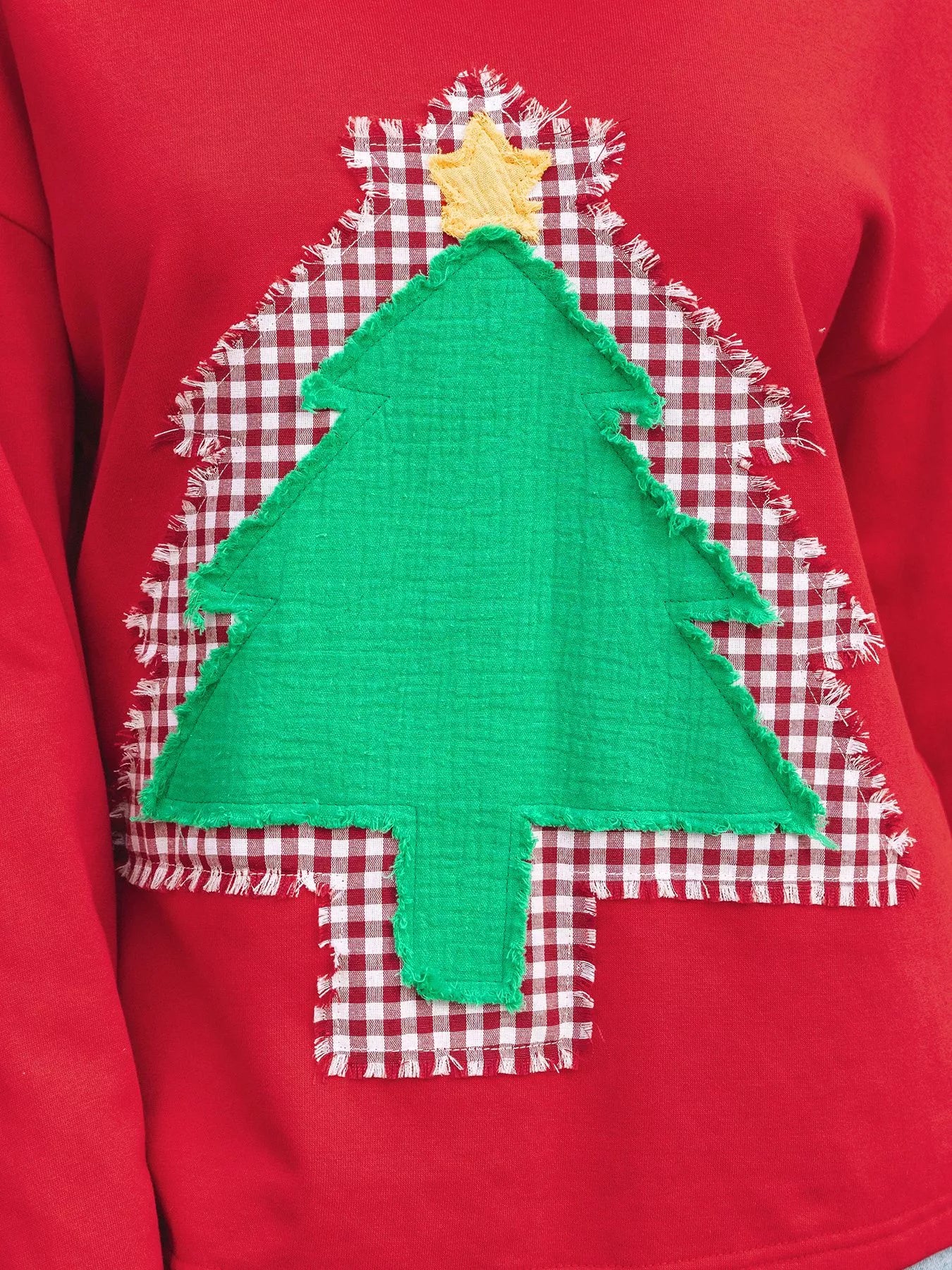 Plaid Frayed Double Christmas Tree Patched Drop Shoulder Sweatshirt