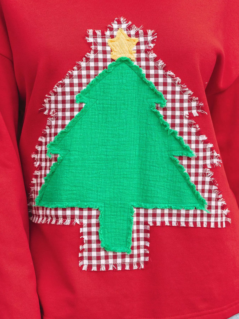 Plaid Frayed Double Christmas Tree Patched Drop Shoulder Sweatshirt