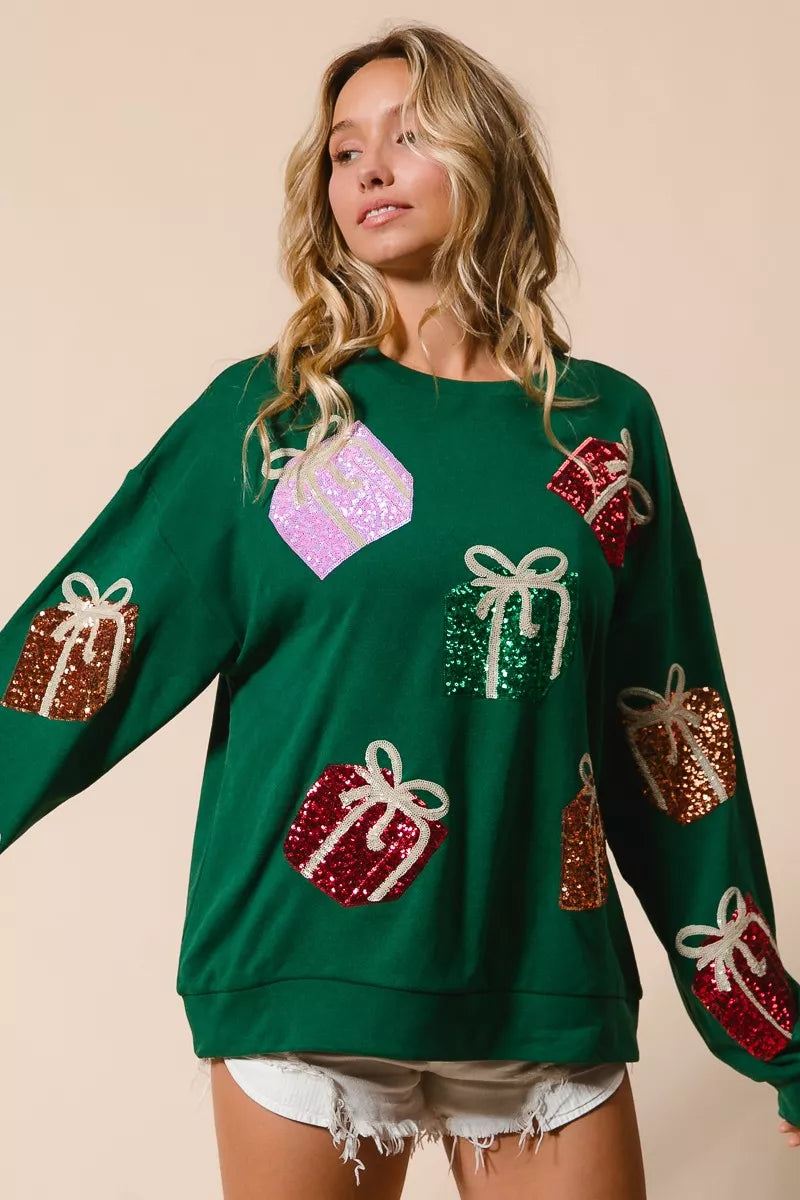 BiBi Sequin Christmas Gift Box Embroideries Pullover