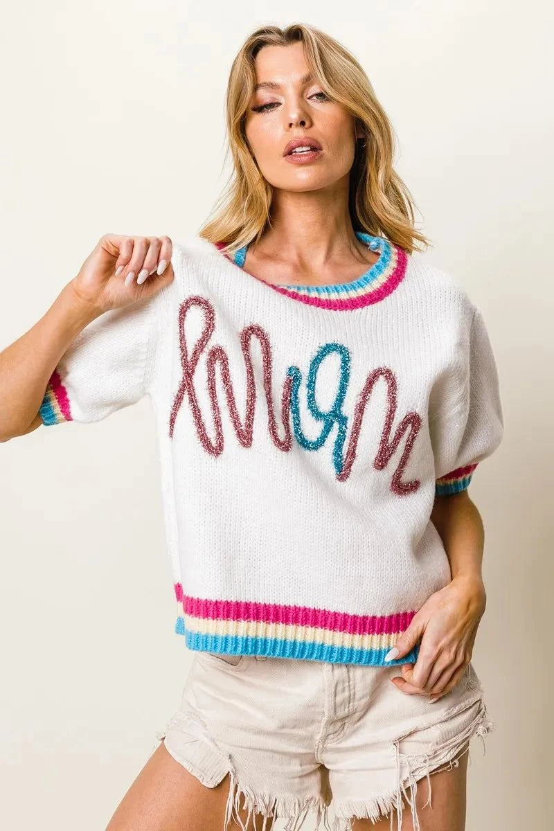 BiBi Metallic Letter Short Puff Sleeve Sweater