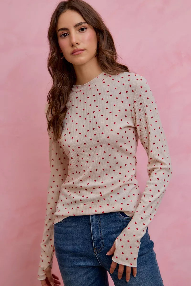 SO ME Ditsy Heart All Over Slub Rib Knit Valentine Top