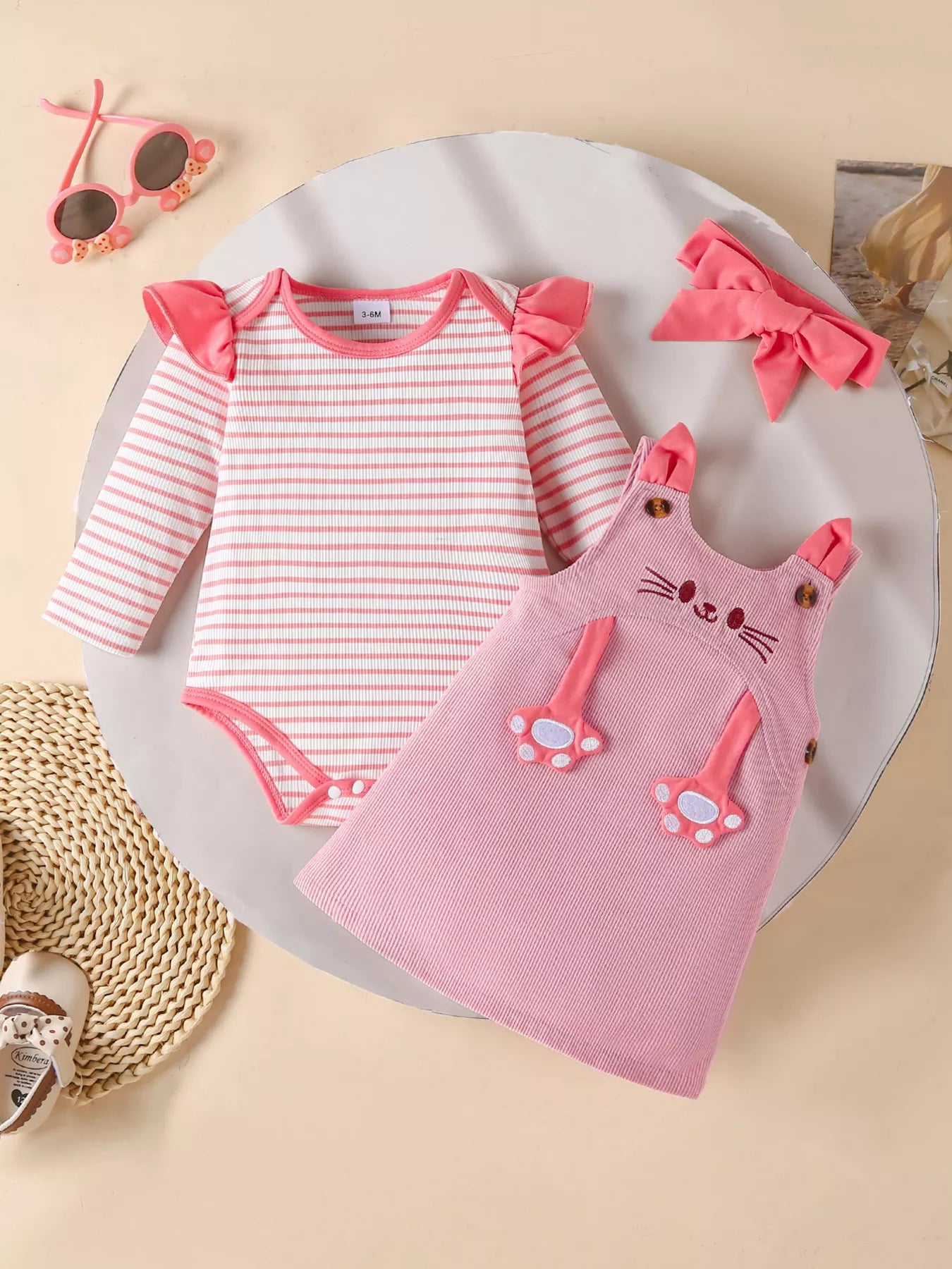 Children's Ruffled Trim Bodysuit and Dress Set with Headband