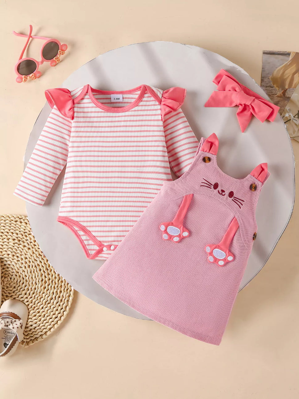 Children's Ruffled Trim Bodysuit and Dress Set with Headband