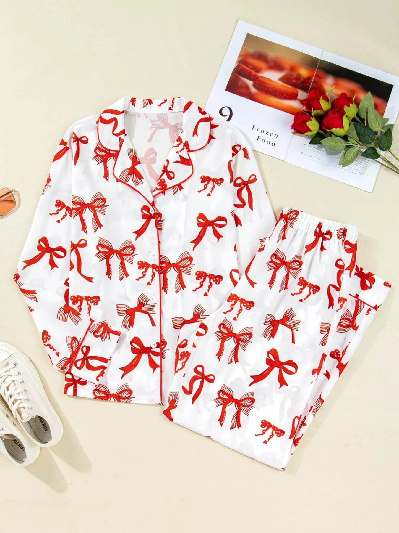 Christmas Bow Print Top and Pants 2pcs Pajama Set