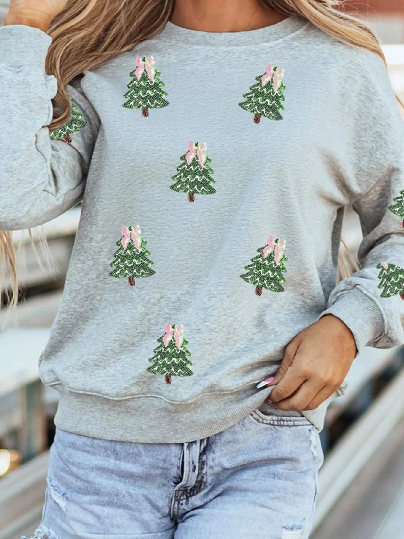 Sequined Christmas Tree Patched Patterned Holiday Pullover Sweatshirt