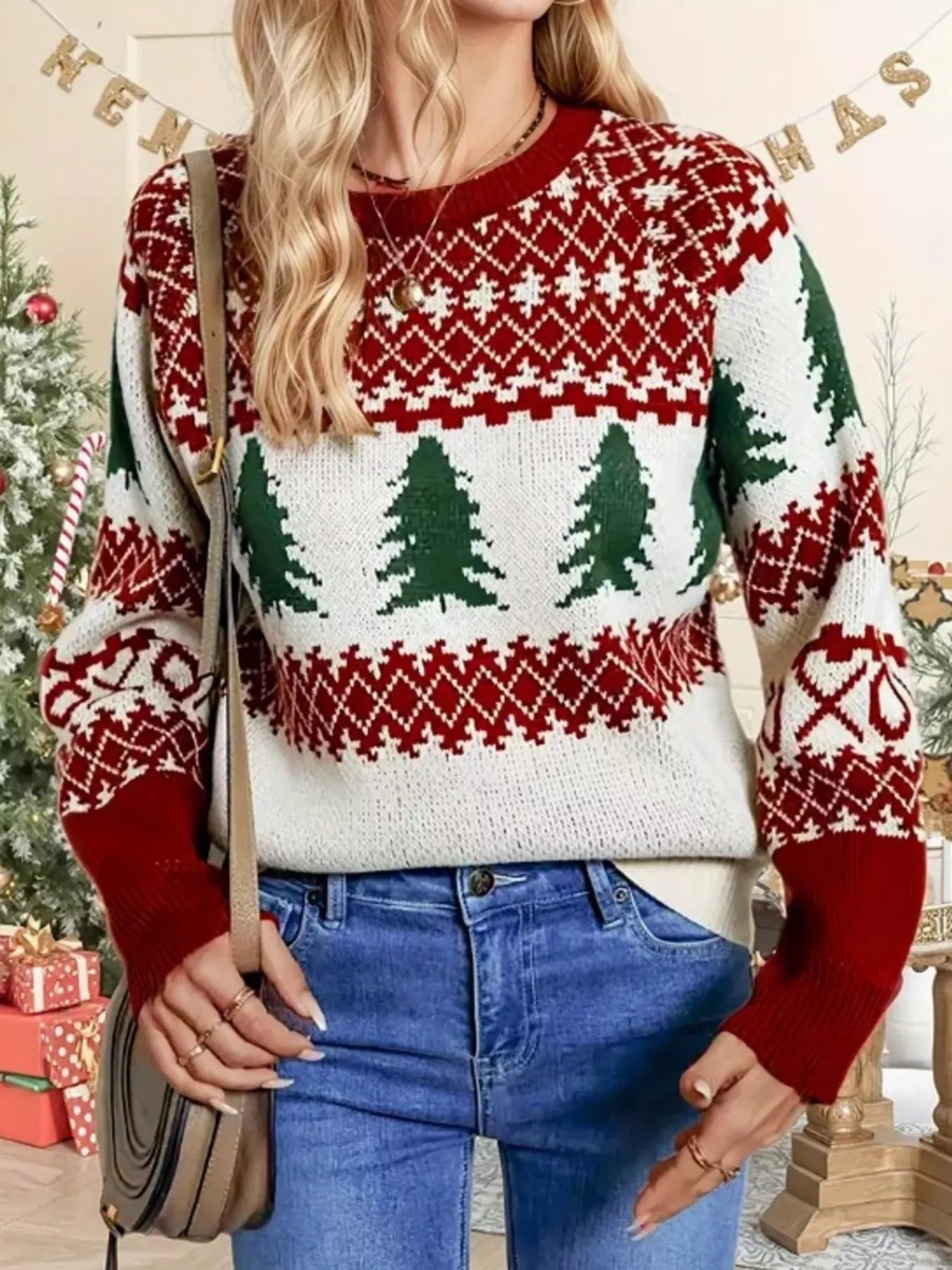 Christmas Tree Pattern Round Neck Sweater