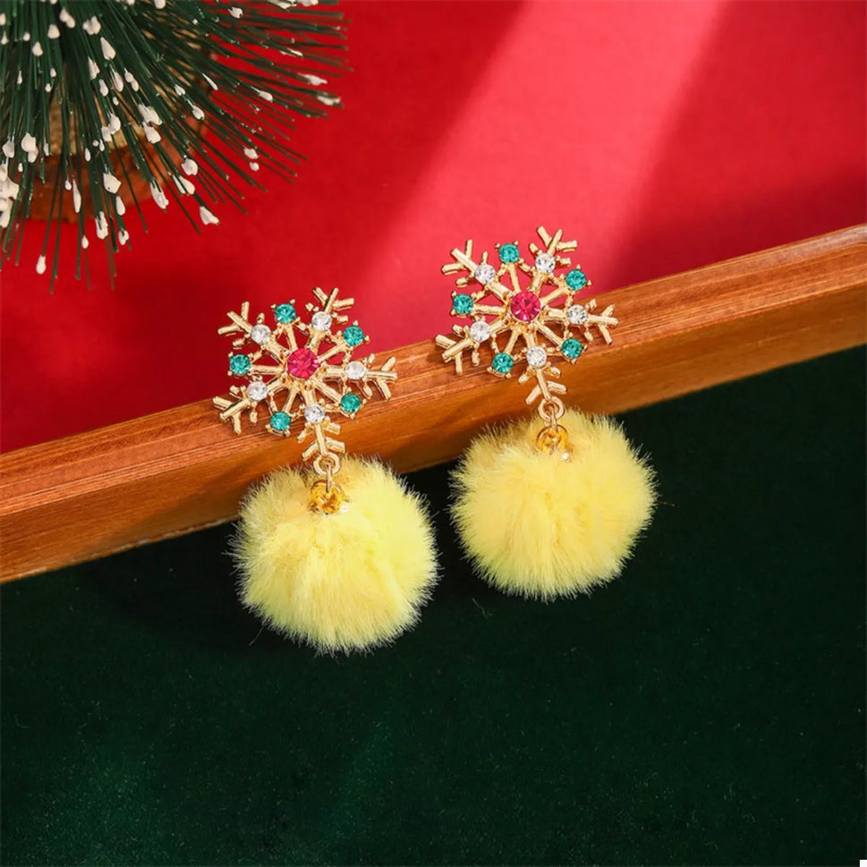 Christmas Snowflake Pom Pom Drop Earrings