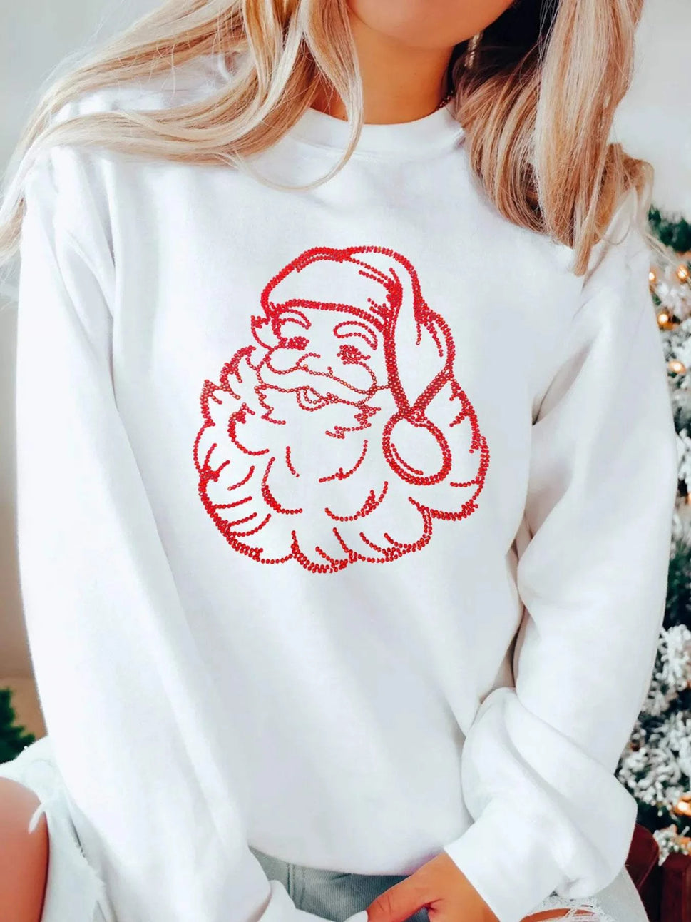Christmas Santa Rhinestone Drop Shoulder Sweatshirt